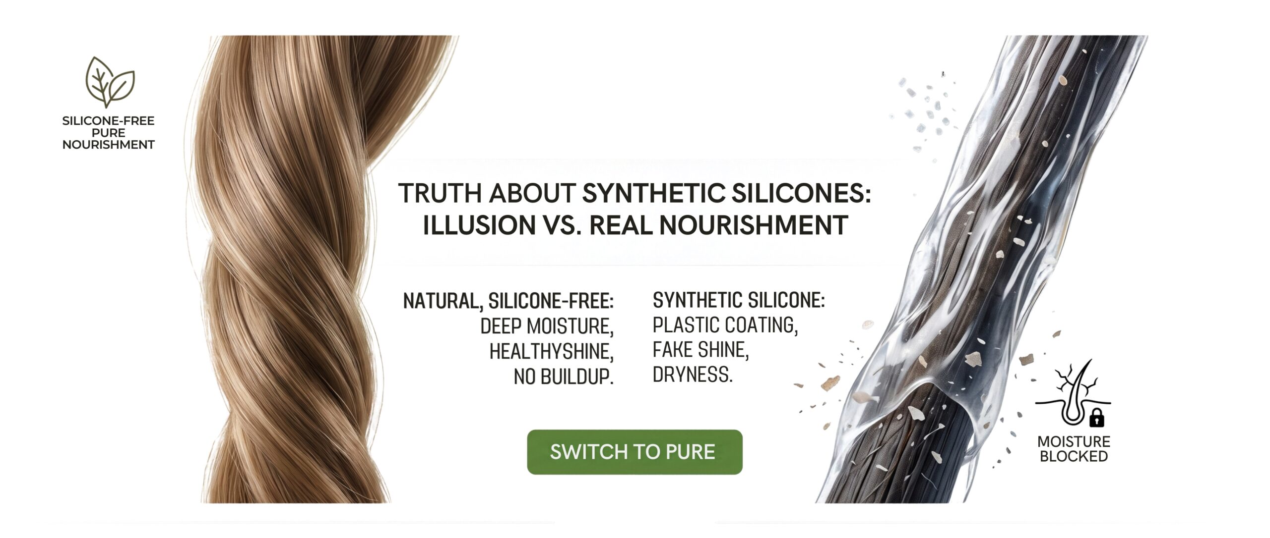 Visual comparison of silicone-free hair care and synthetic silicone coating